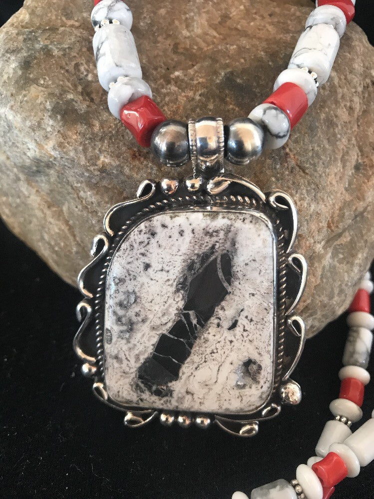 Navajo Pearls Sterling White Buffalo Turquoise Necklace Pendant 08216 XL