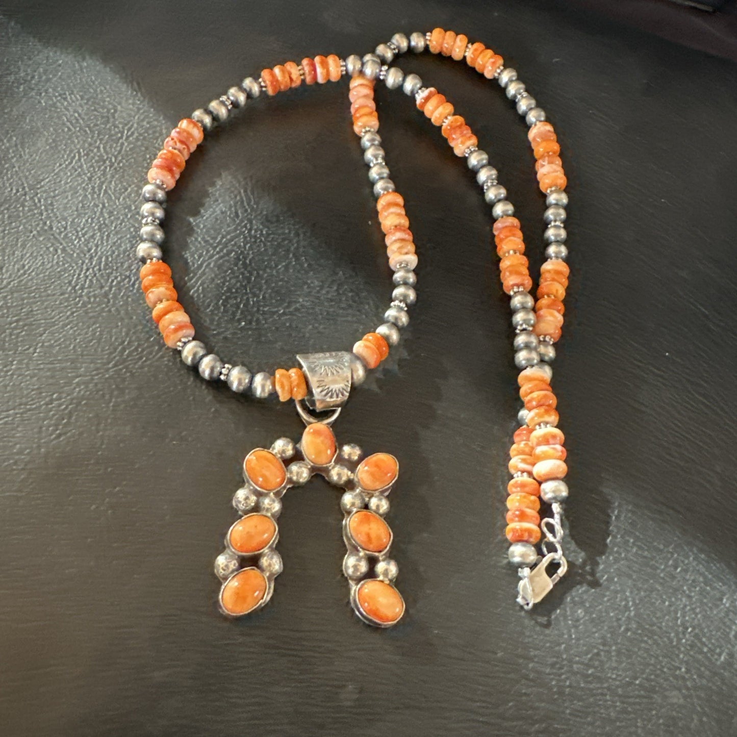 Orange Spiny Oyster Naja Pendant Navajo Pearls Sterling Silver Necklace 19669