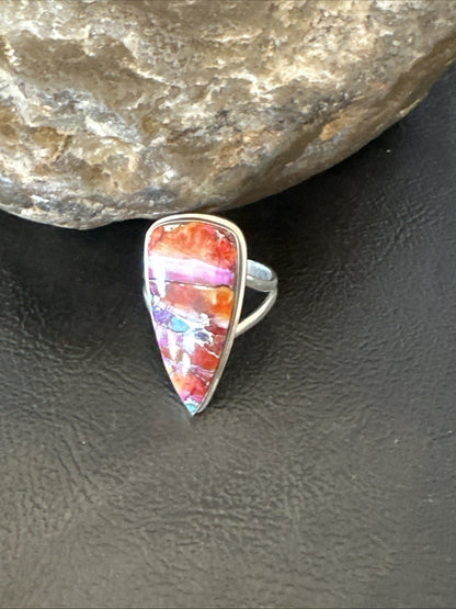 Blue Turquoise Spiny Oyster Southwestern Sterling Silver Ring Size 8.5 18545