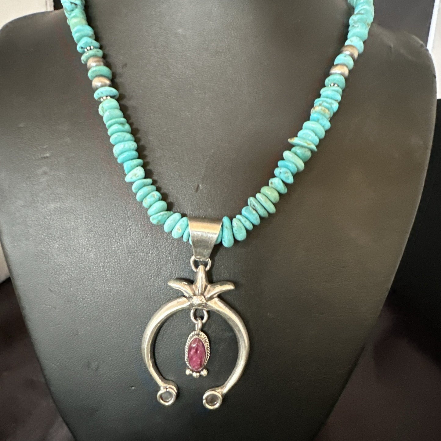 Mens Blue Turquoise Spiny Naja Pendant Navajo Sterling Silver Necklace 21” 17719
