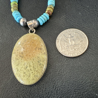 Green Gaspeite Pendant Blue Turquoise Navajo Sterling Silver Necklace 20" 19667