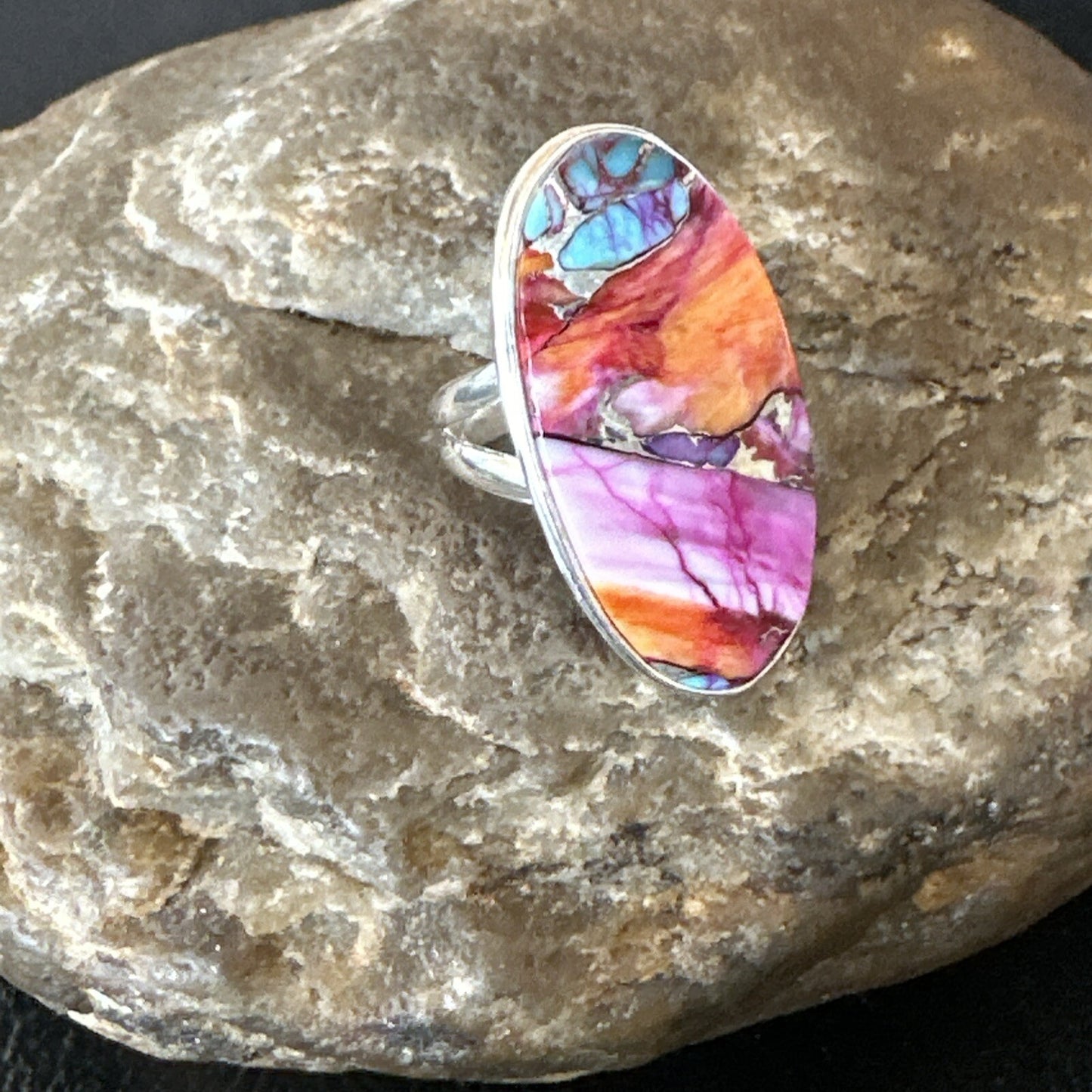 Blue Turquoise Spiny Oyster Southwestern Sterling Silver Ring Size 7 18493