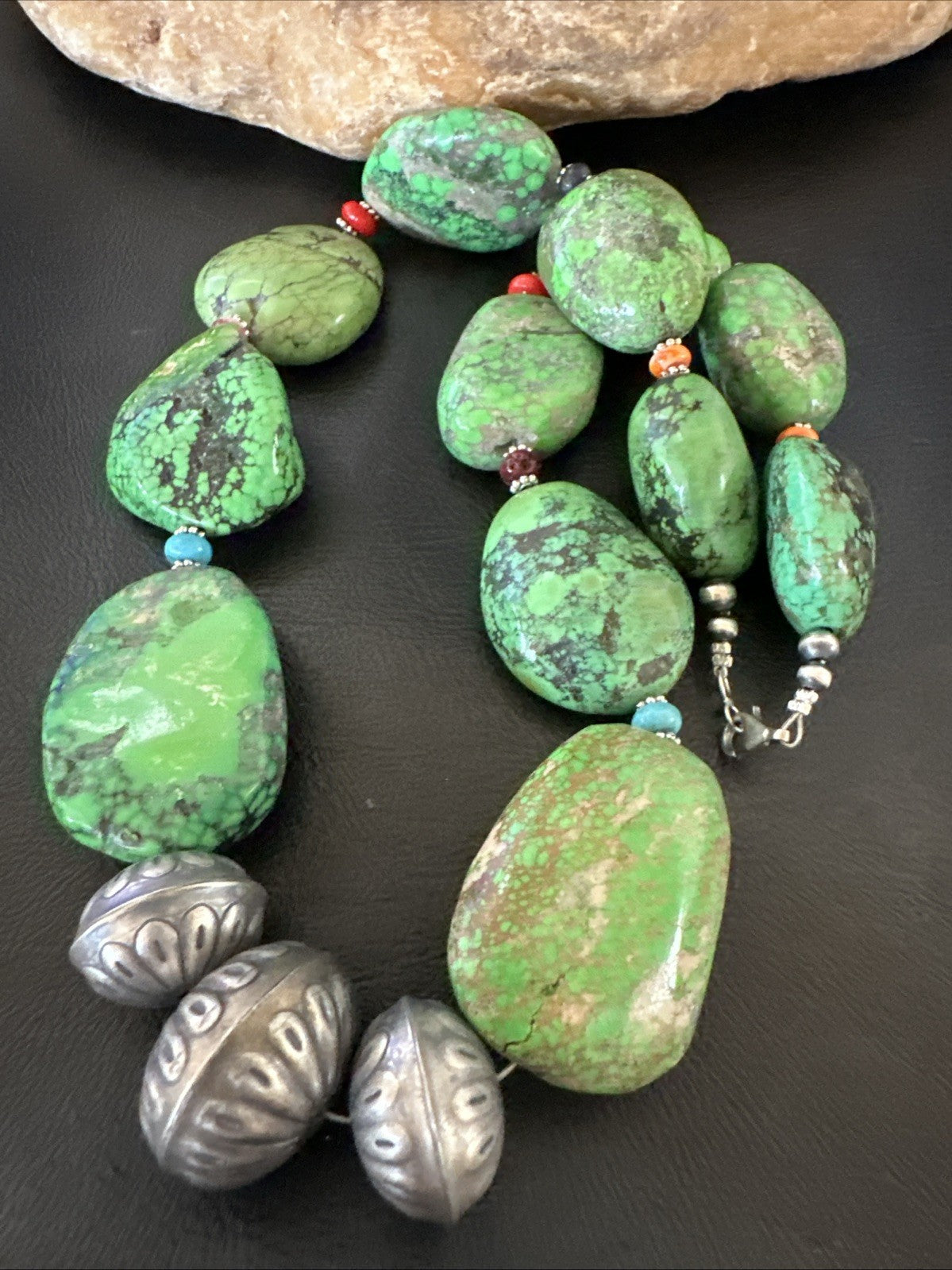 Green Turquoise Chunky Multicolor Southwest Sterling Silver Necklace 21" 19251