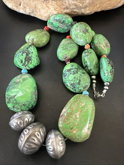 Green Turquoise Chunky Multicolor Southwest Sterling Silver Necklace 21" 19251
