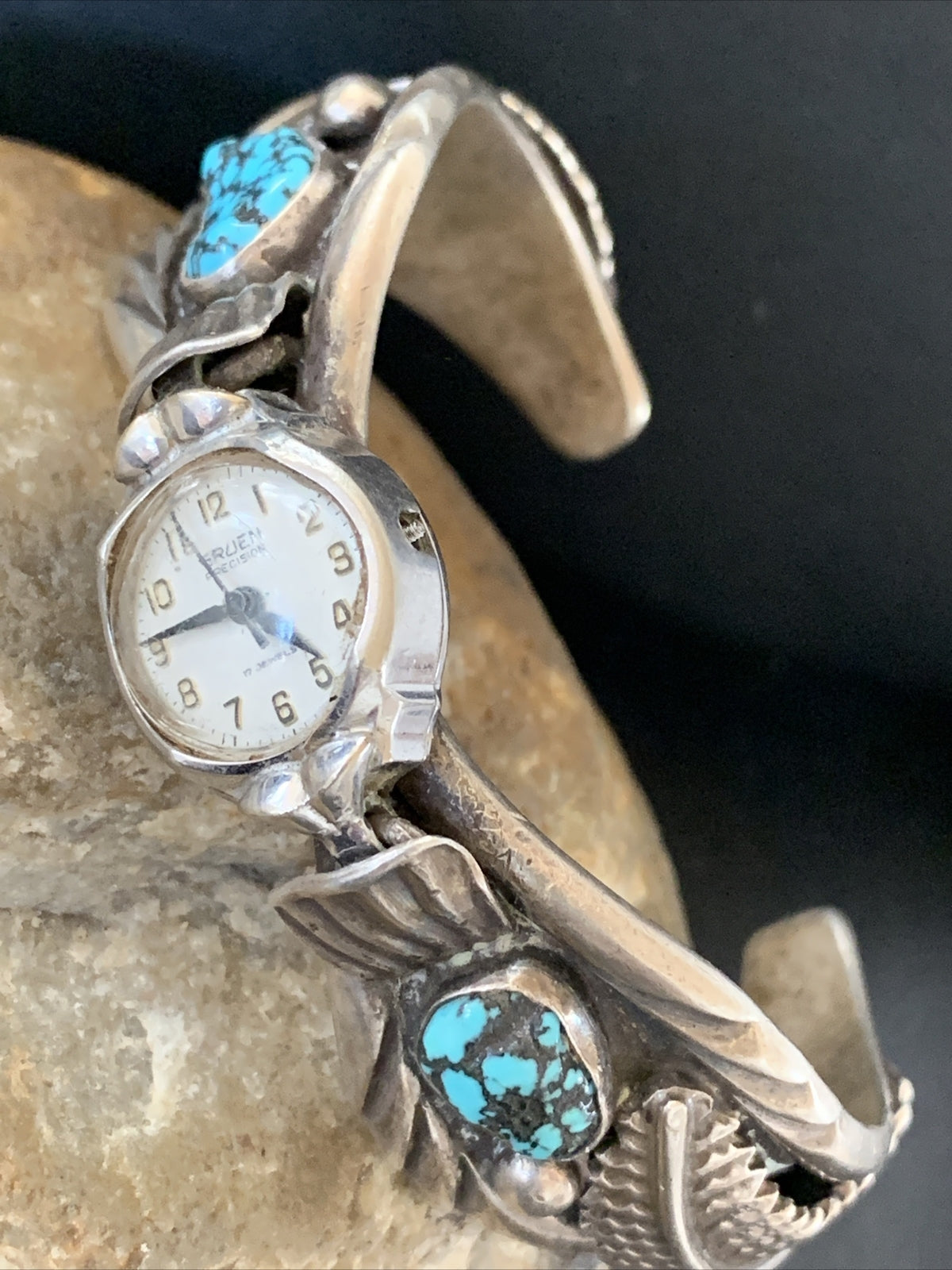 Blue Kingman Turquoise Inlay Navajo Sterling Silver Old Pawn Watch Tips 01442