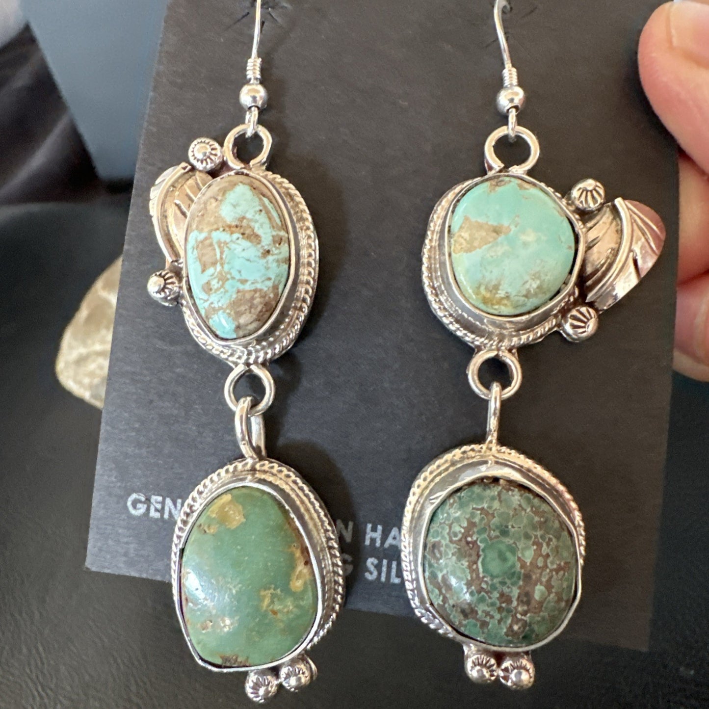 Green Royston Turquoise Navajo Sterling Silver Dangle Earrings 19602