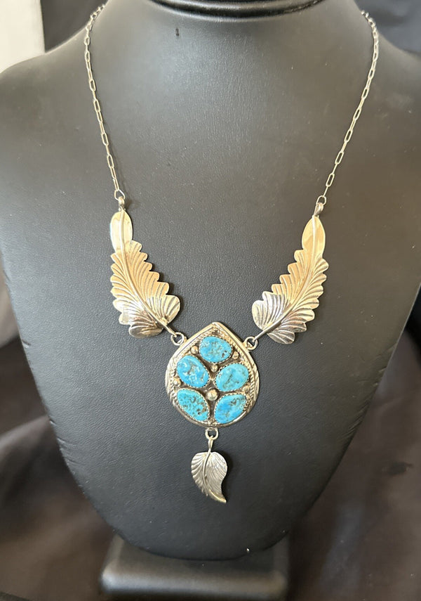 Blue Kingman Turquoise Navajo Cluster Pendant | Sterling Silver | Authentic Native American Handmade | 18575