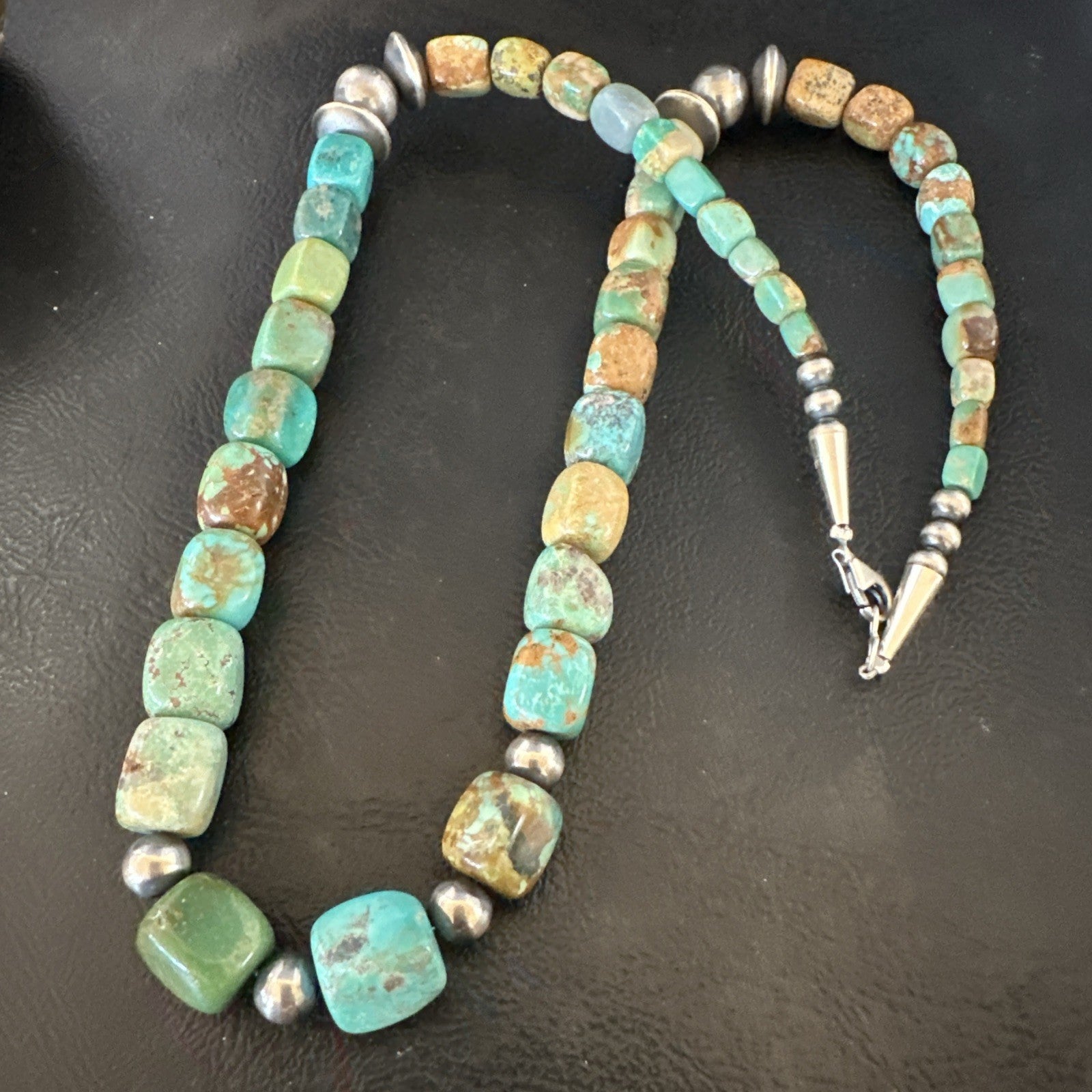 Cube Green Turquoise Navajo Graduated Sterling Silver Necklace 21” 19205