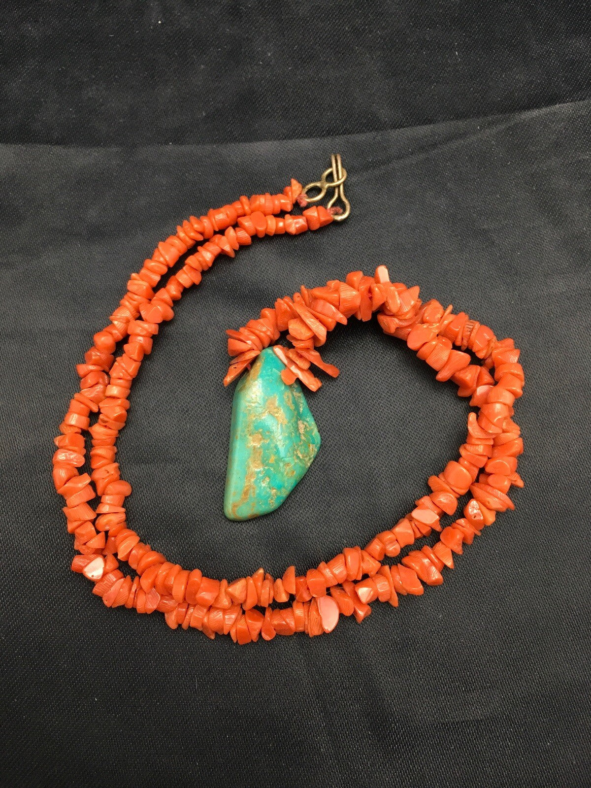 Native American Turquoise Pendant Coral Brass Old Pawn Necklace 19" 04006