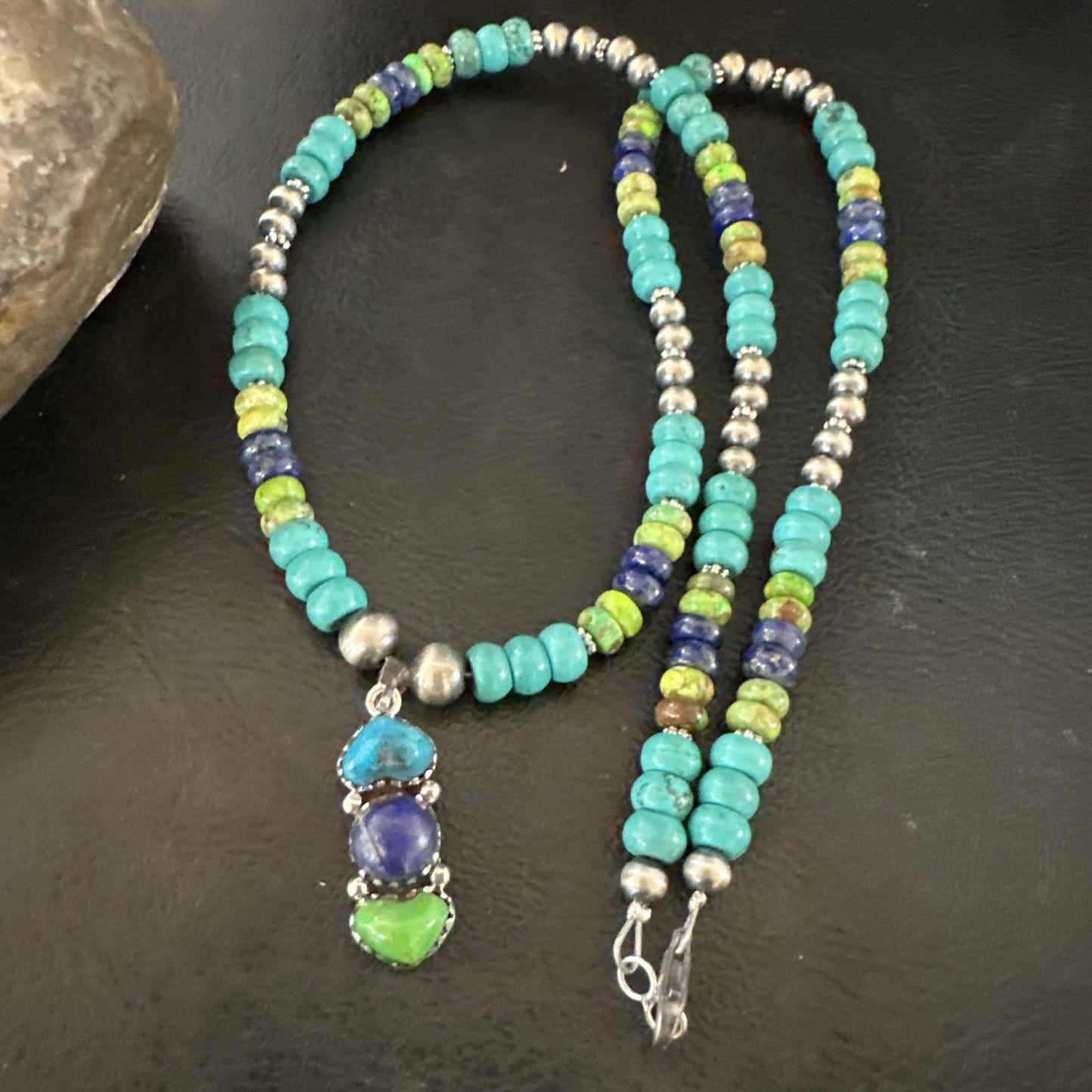 Blue Lapis Green Turquoise Cluster Pendant Navajo Sterling Silver Necklace 19659