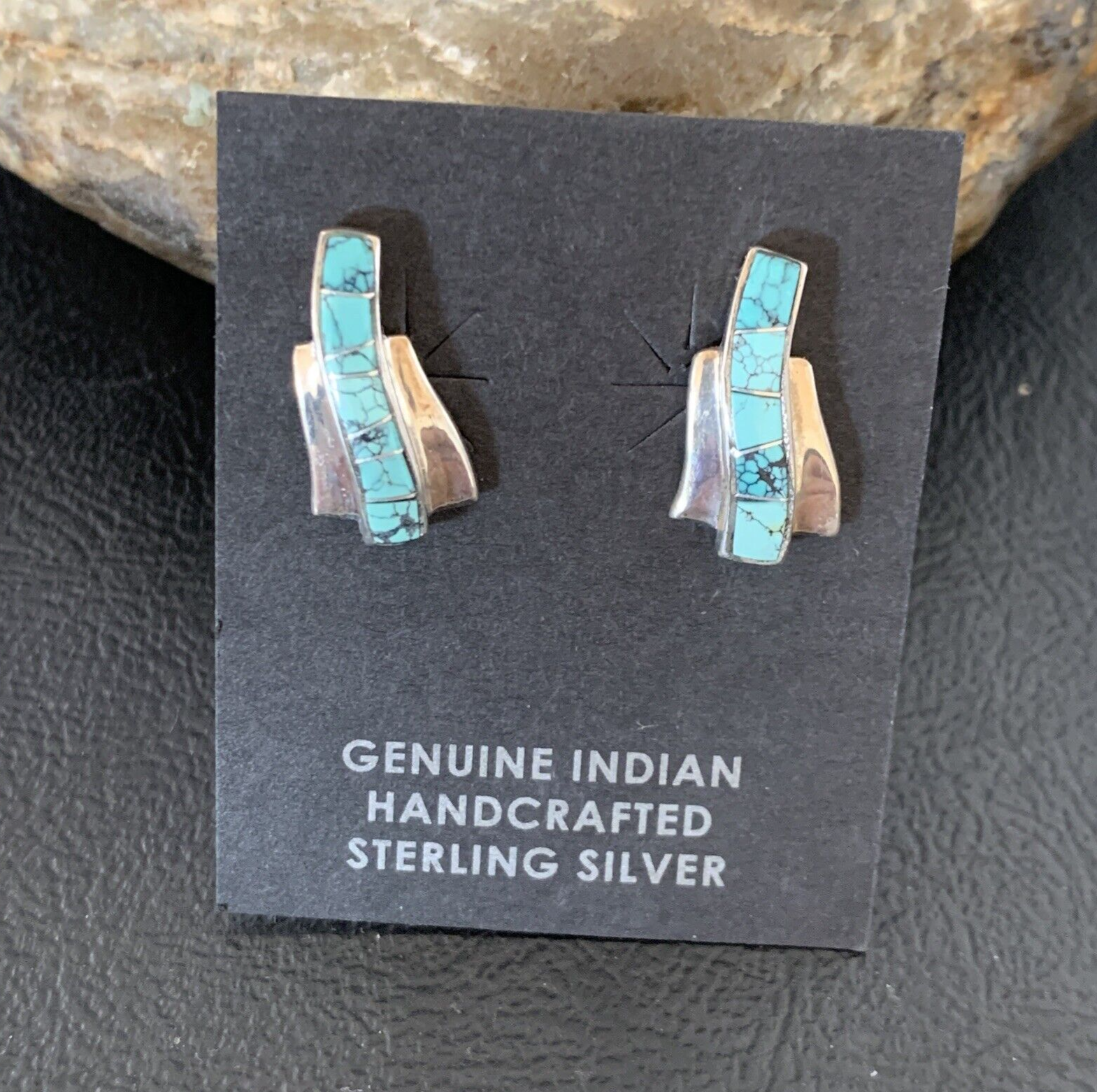 Womens Blue Spider Web Turquoise Navajo Sterling Silver Inlay Earrings 12901