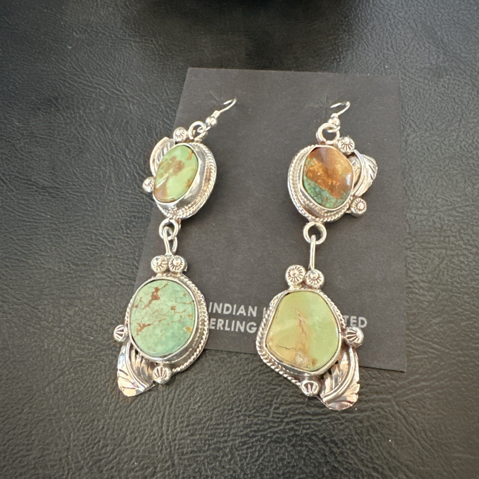 Green Royston Turquoise Navajo Sterling Silver Dangle Earrings 19600