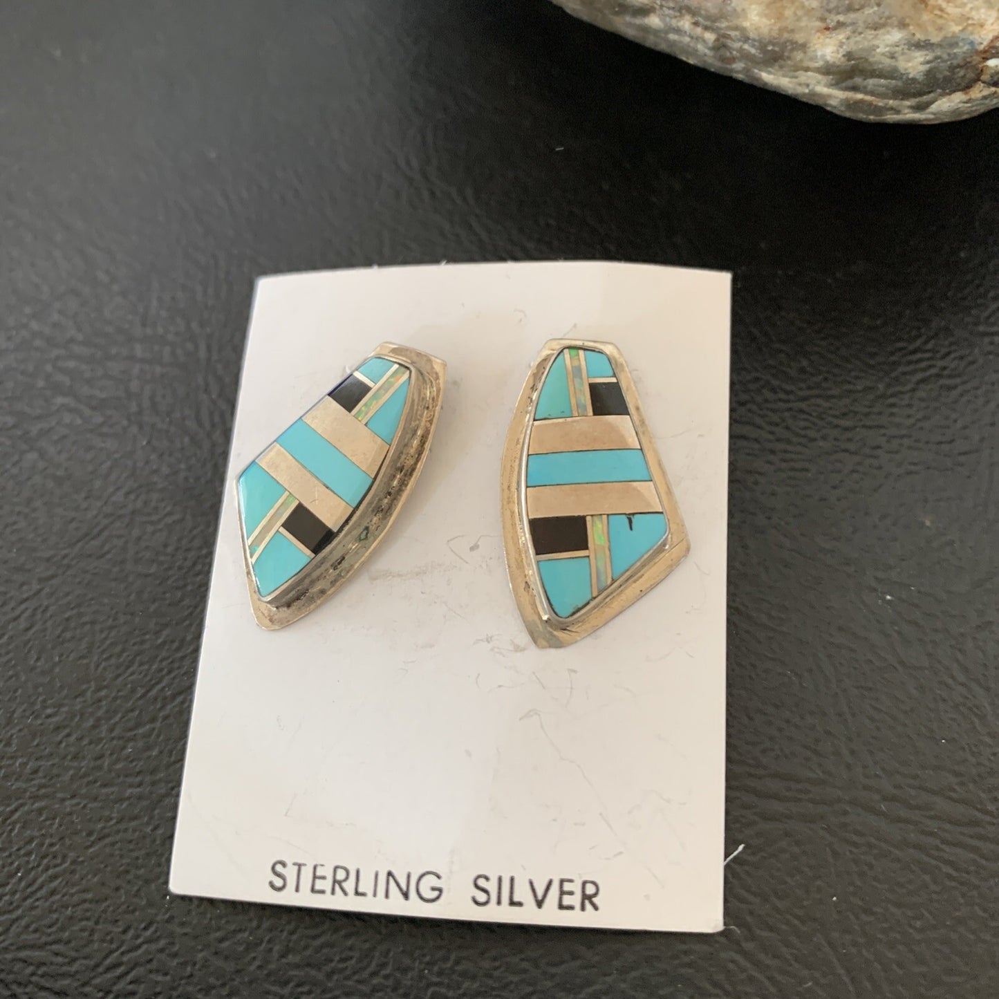 Turquoise & Onyx Inlay Zuni Sterling Silver Old Pawn Earrings 2042