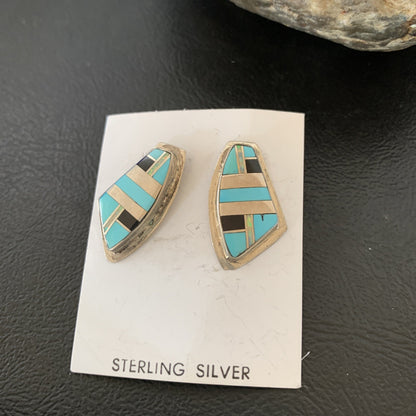 Turquoise & Onyx Inlay Zuni Sterling Silver Old Pawn Earrings 2042