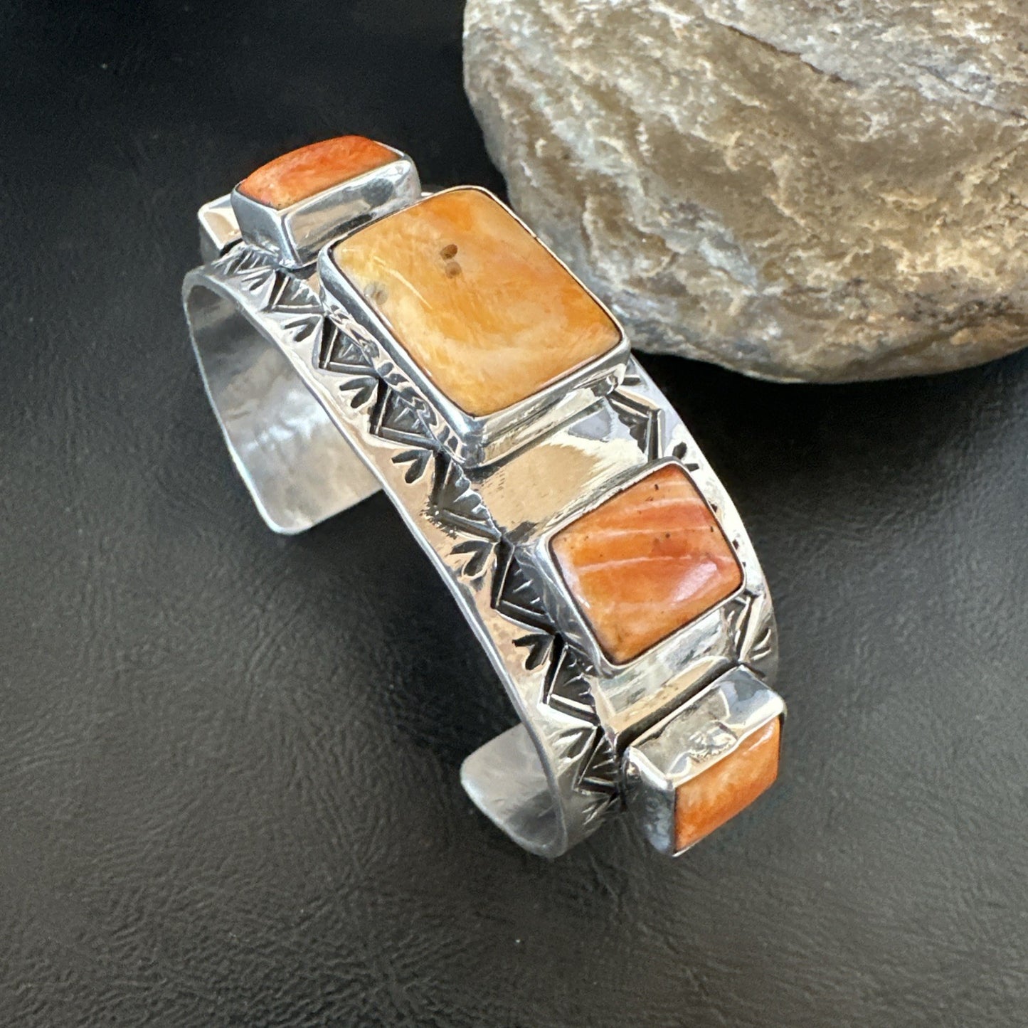Orange Spiny Oyster 5 Stone Row Sterling Silver Navajo Cuff Bracelet 7.7" 19478