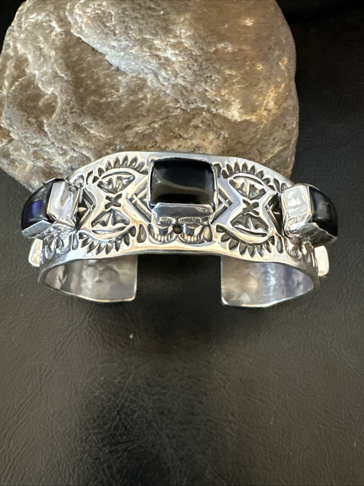 Mens Womens Navajo Sterling Silver Black Onyx Cluster Cuff Bracelet 7.5" 19432