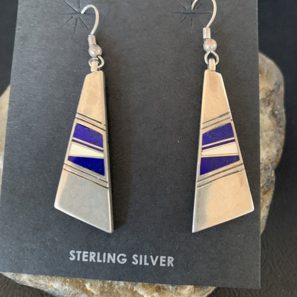Navajo Inlay Lapis Lazuli Dangle Earrings 1.5" | Sterling Silver | Authentic Native American Handmade | 13028