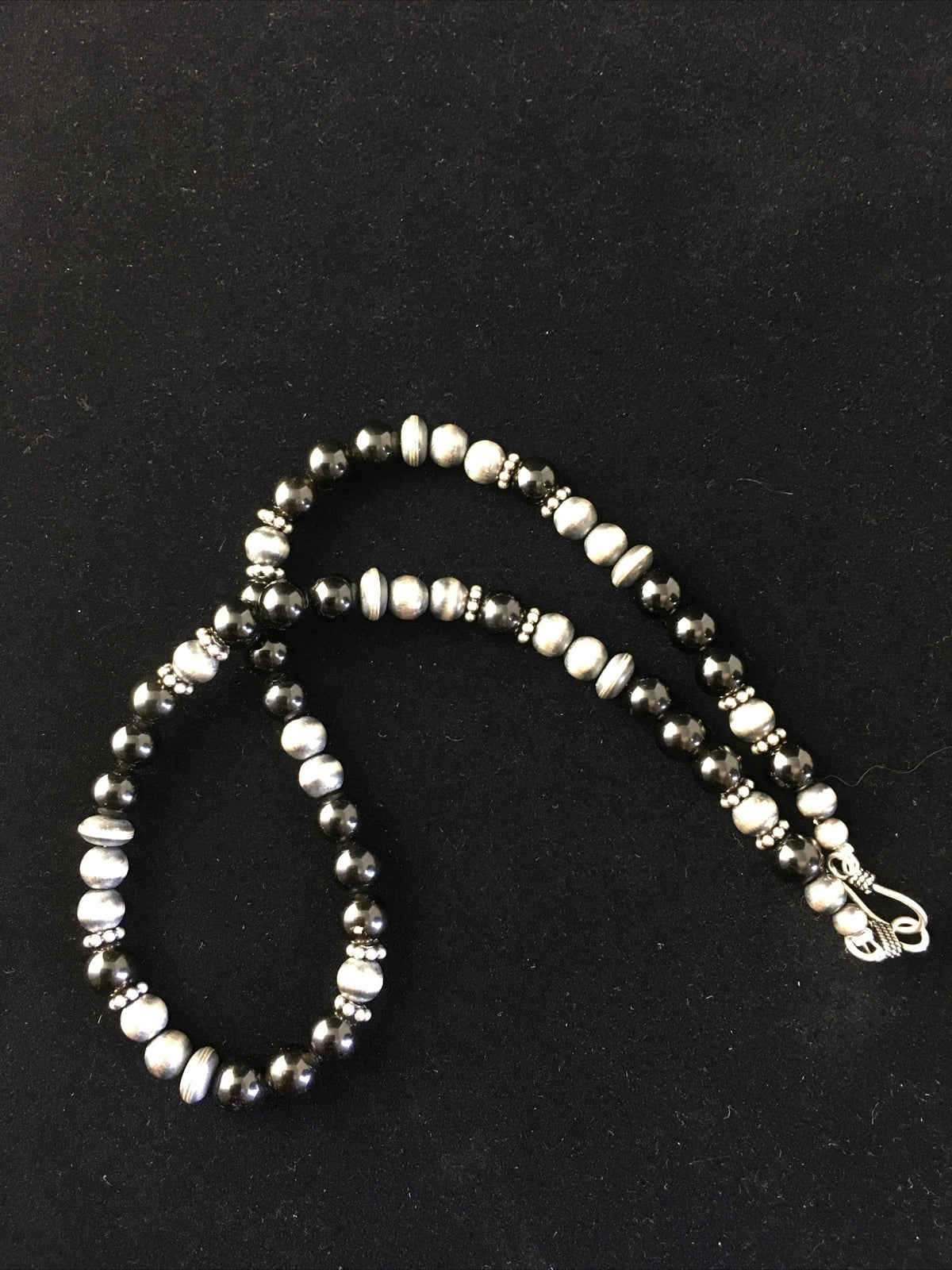 Mens Black Onyx Navajo Sterling Silver Bead Necklace 1743