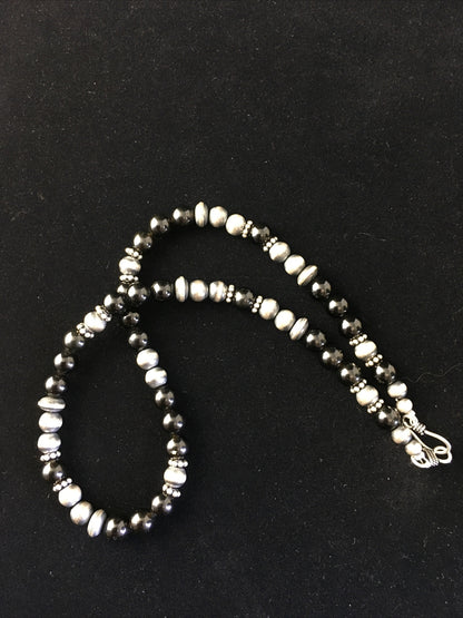 Mens Black Onyx Navajo Sterling Silver Bead Necklace 1743