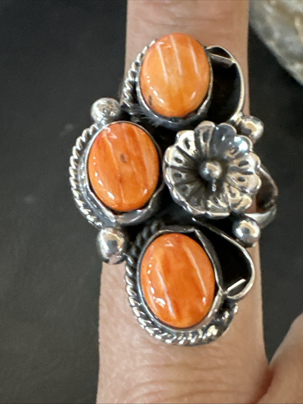 Orange Spiny Oyster Cluster Navajo Sterling Silver Ring Size 6.5 19185