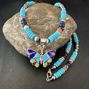 Butterfly Multicolor Turquoise Pendant Navajo Necklace | Sterling Silver | Authentic Native American Handmade | 19652