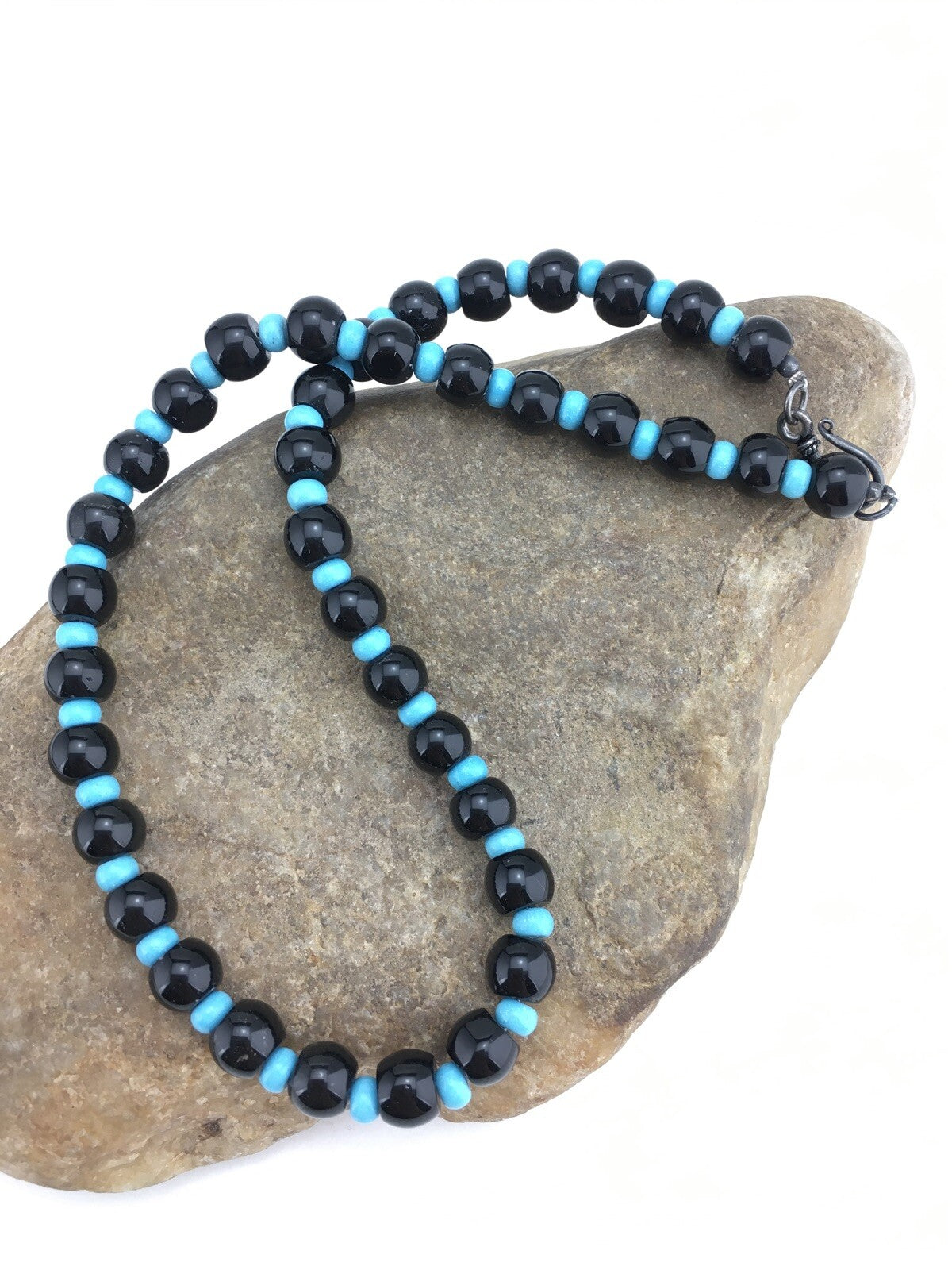Native Black Onyx Blue Turquoise Bead Navajo Sterling Silver Necklace 15229