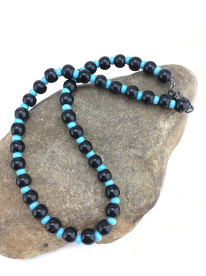 Native Black Onyx Blue Turquoise Bead Navajo Sterling Silver Necklace 15229