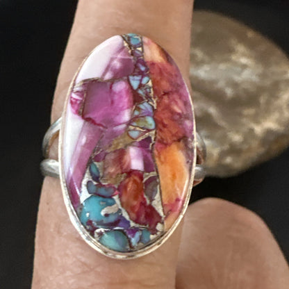 Blue Turquoise Spiny Oyster Southwestern Sterling Silver Ring Size 10 19056