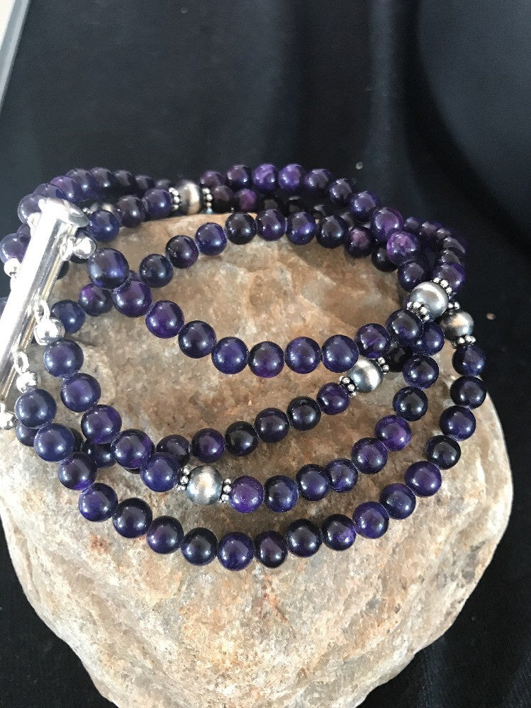 Purple Stone 4 Strands Navajo Indian Sterling Silver Bead Bracelet 10707