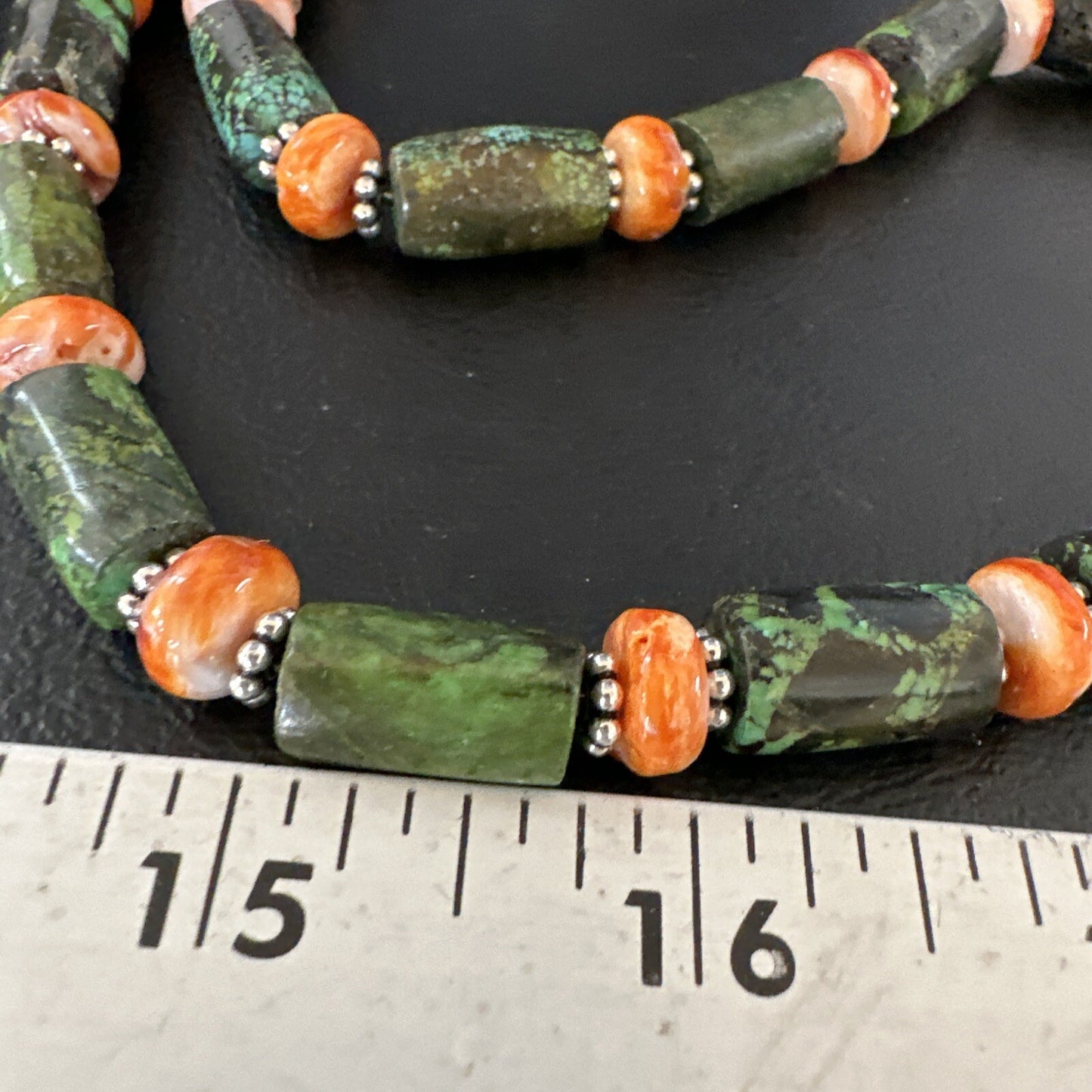 Green Turquoise Spiny Oyster Native Navajo Pearls Sterling Silver Necklace 14985