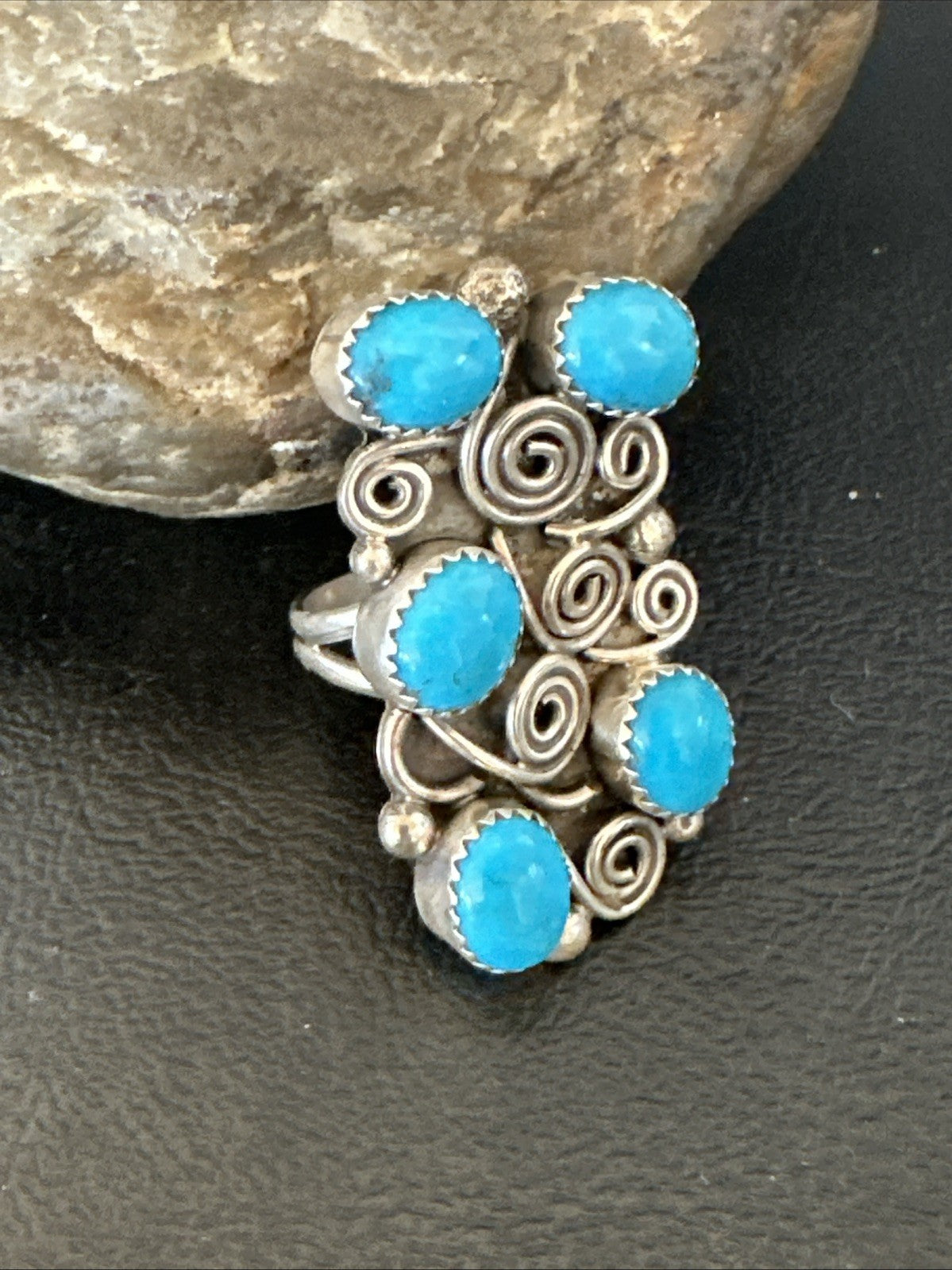 Navajo Blue Kingman Turquoise Ring MultiStone Cluster Sz 8 19801