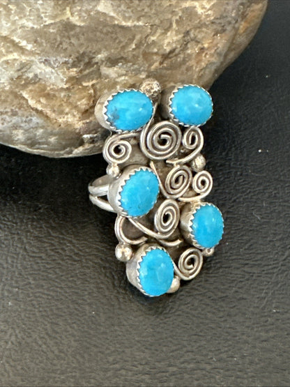 Navajo Blue Kingman Turquoise Ring MultiStone Cluster Sz 8 19801