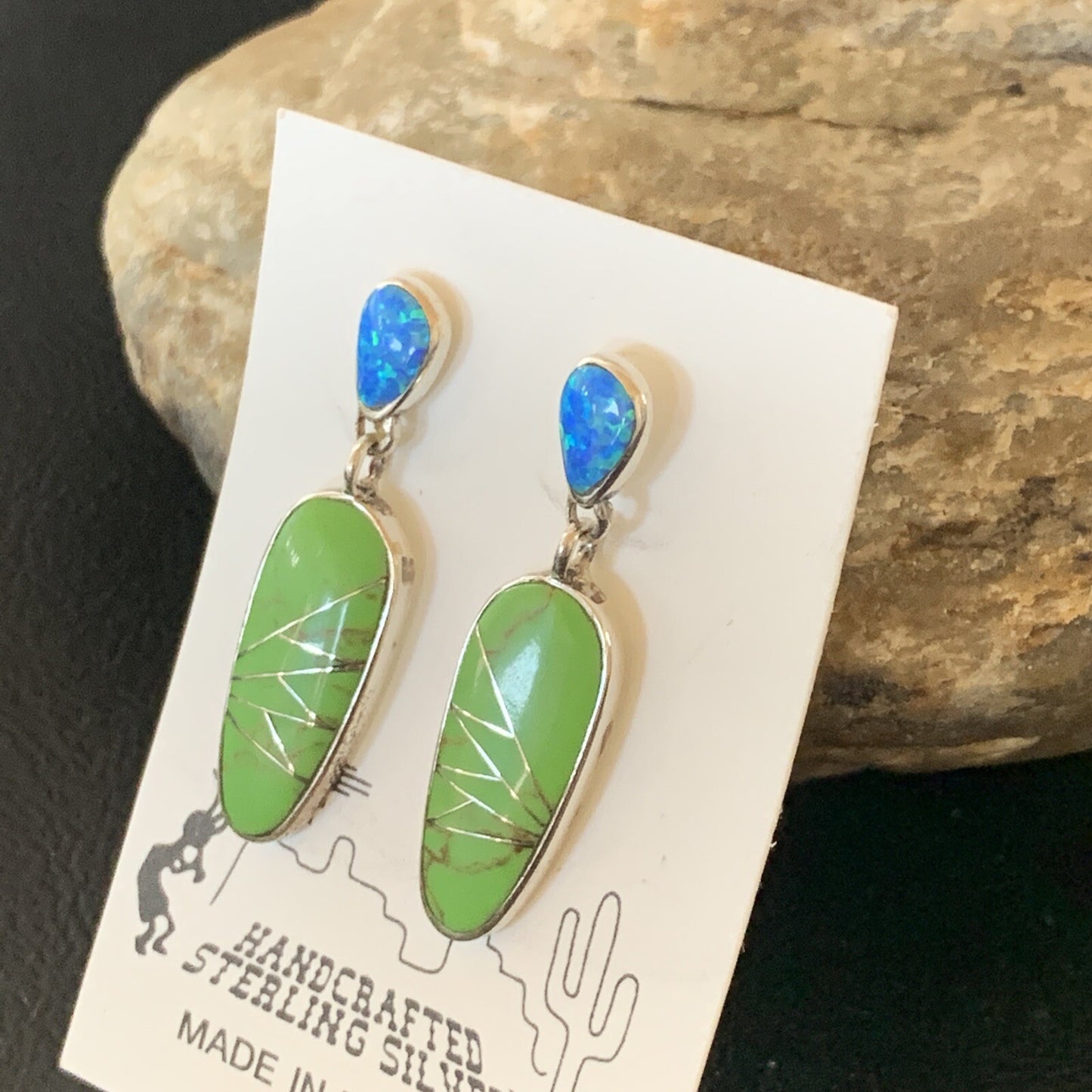 Green Gaspeite Opal Navajo Sterling Silver Inlay Earrings 1.25" 19177