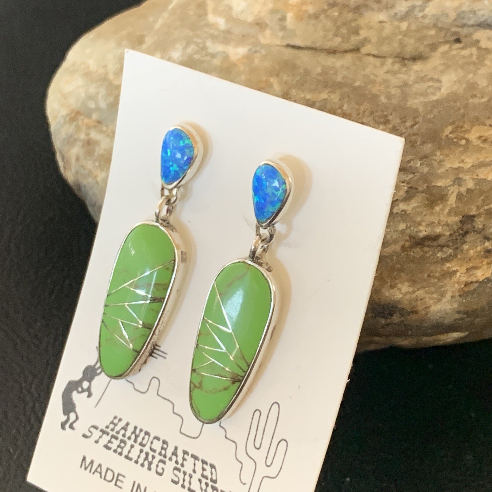 Green Gaspeite Opal Navajo Sterling Silver Inlay Earrings 1.25" 19177