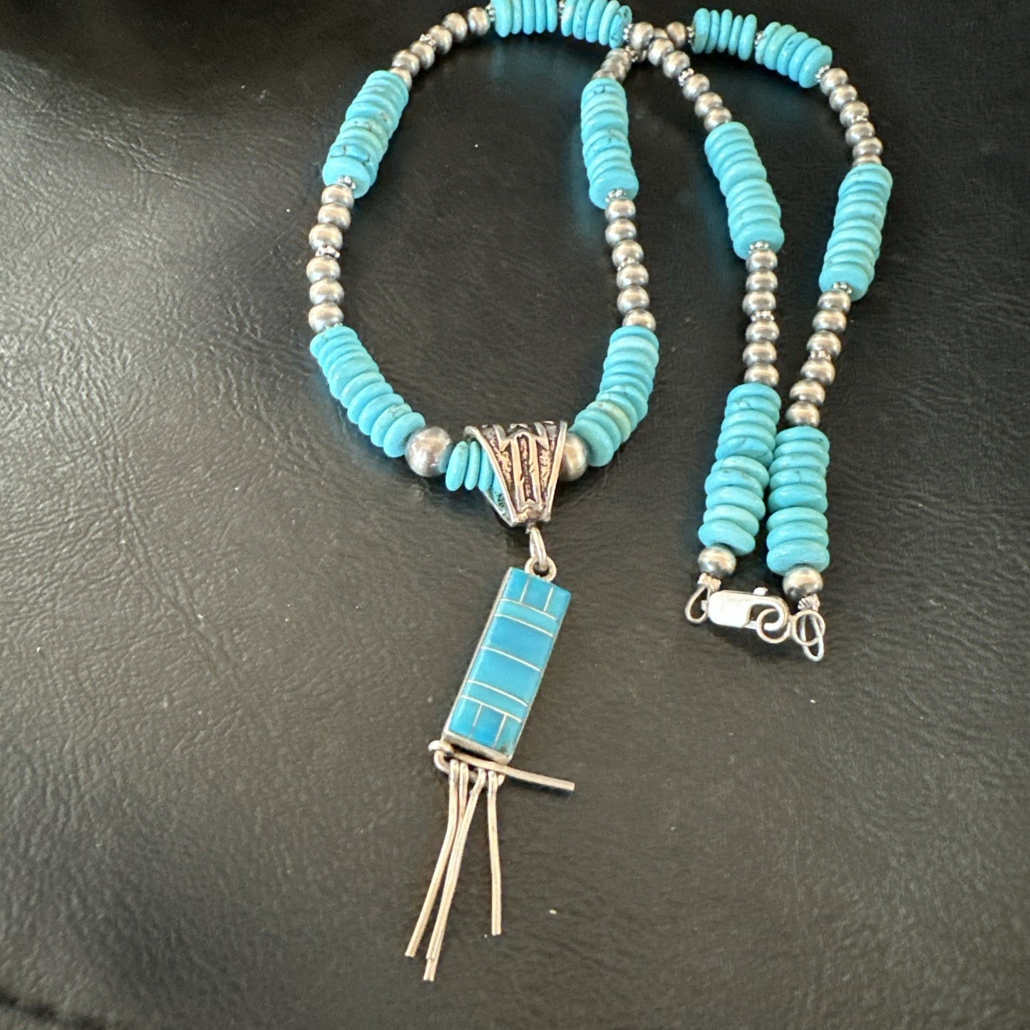Blue Turquoise Inlay Pendant Navajo Sterling Silver Necklace 19514