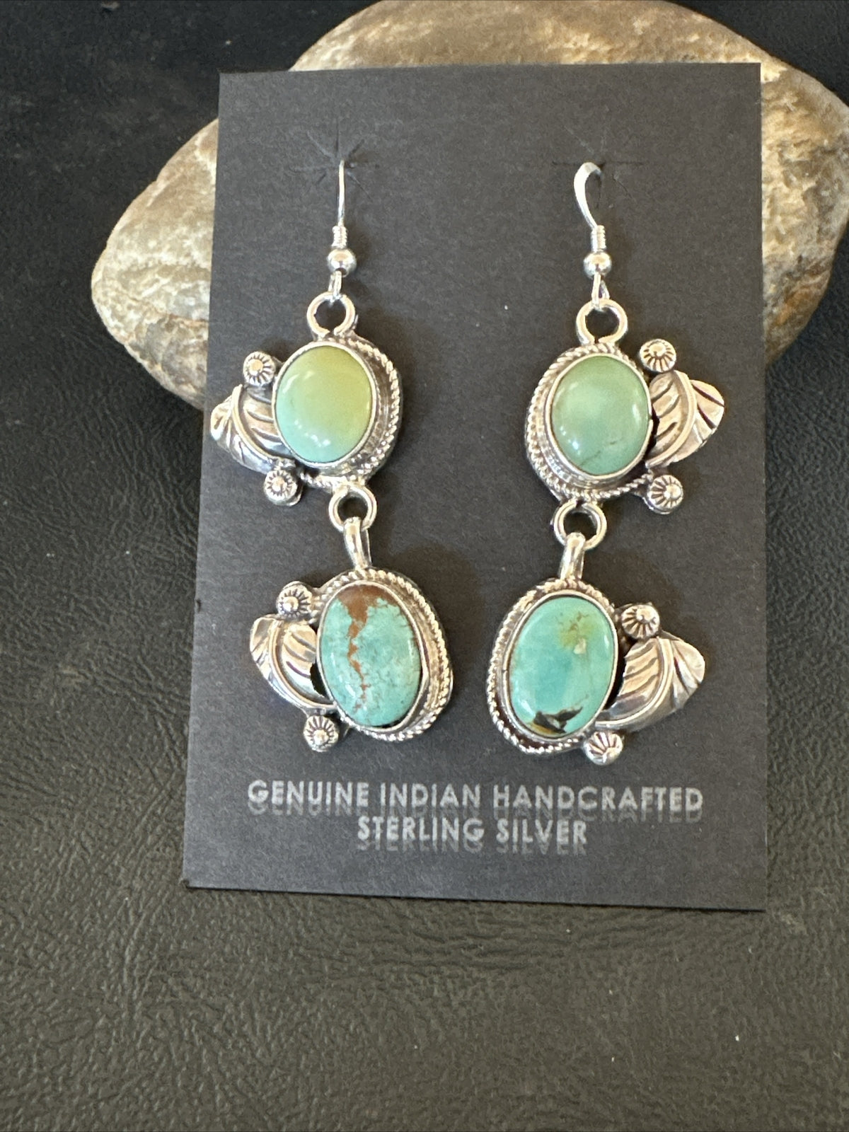 Native Navajo Green Turquoise Sterling Silver Dangle Earrings 2” 17911