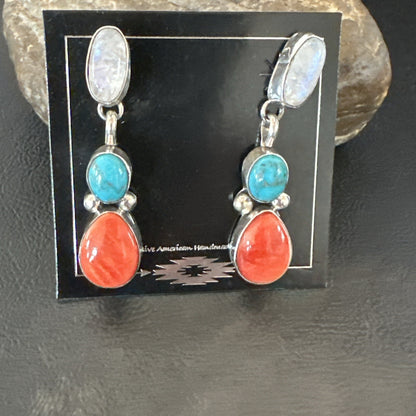 Turquoise Spiny MultiColor Navajo Sterling Silver Inlay Earrings 18353