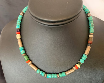 Turquoise Spiny Oyster & Coral Beads Sterling Silver Gold Necklace 10396