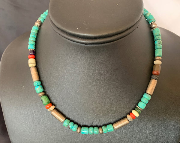 Turquoise Spiny Oyster Coral Beads Gold Necklace | Sterling Silver | Authentic Native American Handmade | 10396