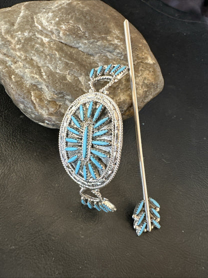 A Zuni Needle Point Sterling Silver Blue Turquoise Hair Barrette 4" 18622