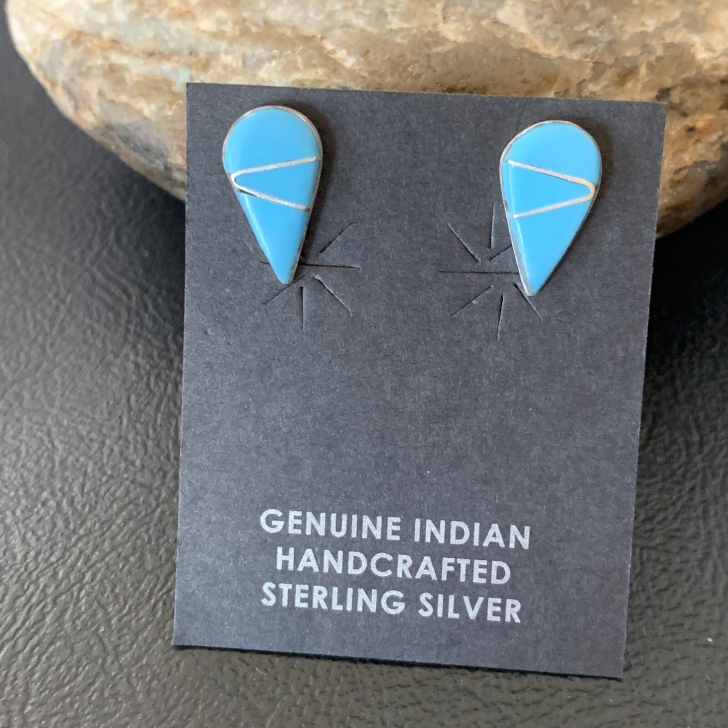 Blue Turquoise Inlay Zuni Sterling Silver Dangle Post Earrings 0.5" 12753