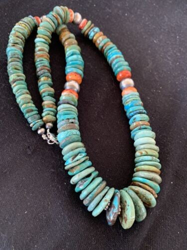 Navajo Pearls Graduated Turquoise Necklace Sterling Silver 23" 480