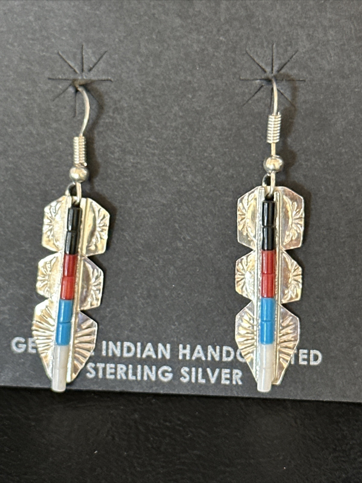 Lapis, Opal, Coral Navajo Sterling Silver Inlay Earrings 1.5” 14770