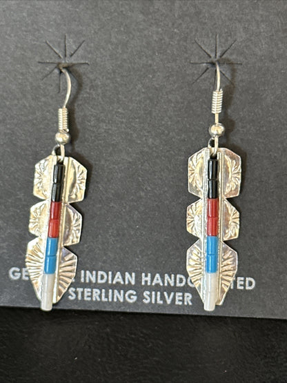 Lapis, Opal, Coral Navajo Sterling Silver Inlay Earrings 1.5” 14770