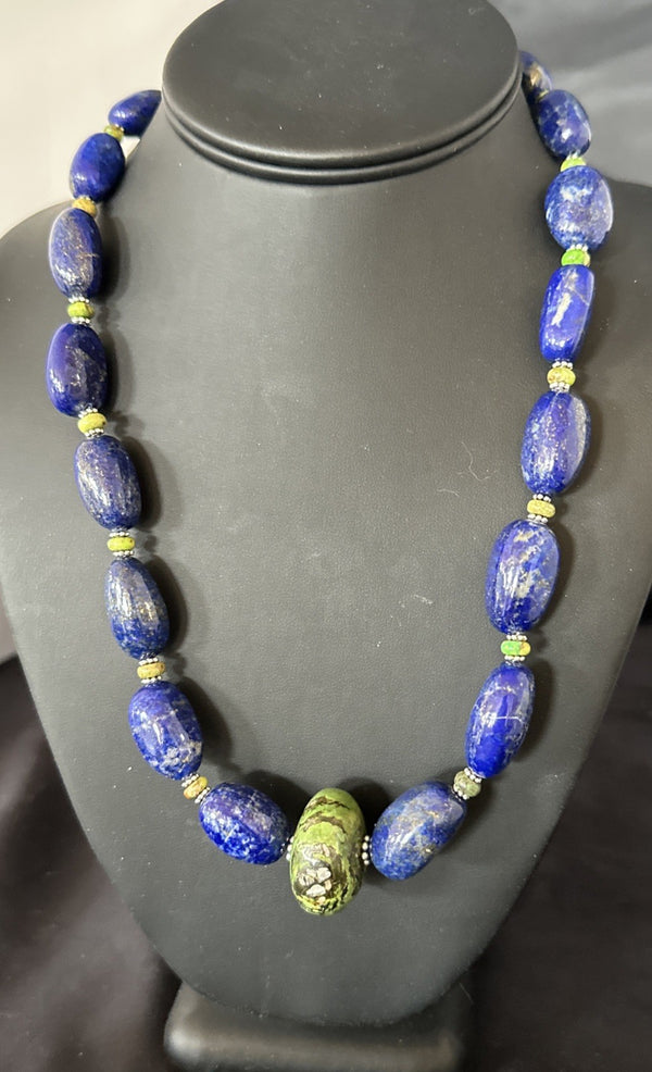 Green Turquoise Lapis Chunky Southwestern Necklace 21" | Sterling Silver | Authentic Native American Handmade | 19257