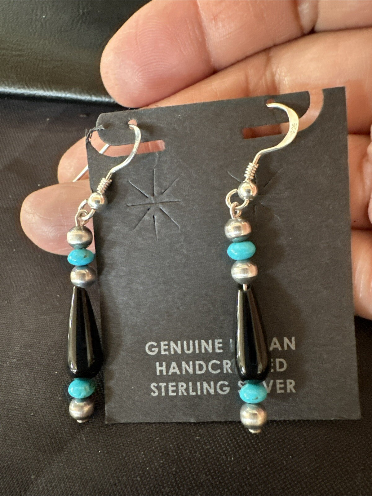 Navajo Sterling Silver Blue Turquoise Black Onyx Bead Dangle Earrings 18645