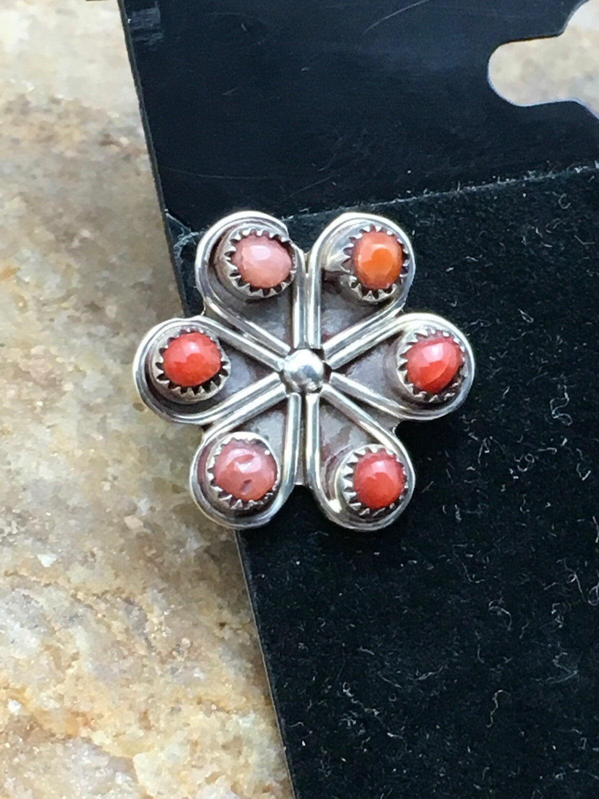 Native Zuni Cluster Sterling Silver Necklace Coral Earrings Set 0.6" 1074