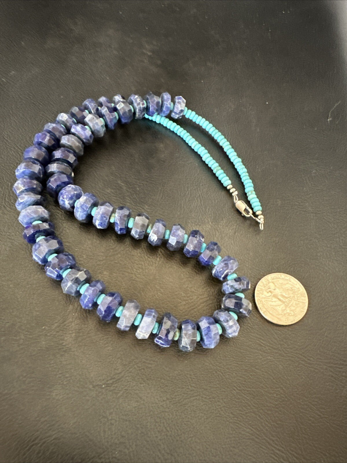 Mens Turquoise 12mm Faceted Lapis Bead Navajo Sterling Silver Necklace 21" 18277
