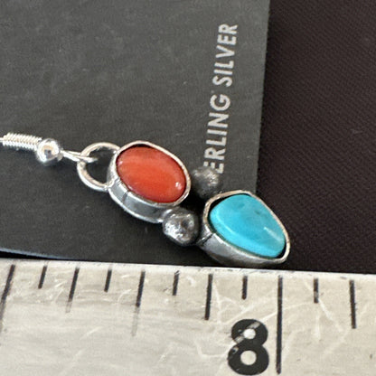 Handmade Blue Turquoise Red Coral Sterling Silver Navajo Dangle Earrings 18842