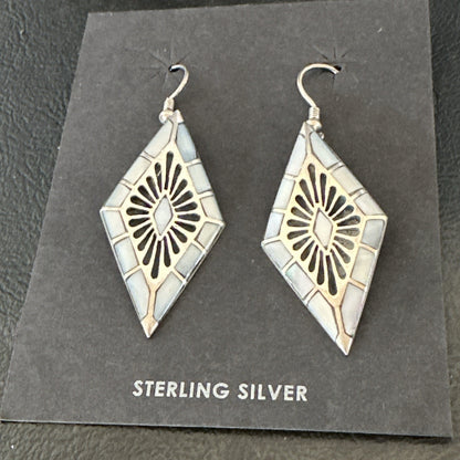 White Mother of Pearl Navajo Sterling Silver Dangle Inlay Earrings 19014